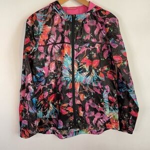 Nanette Lepore Women Small Spring Rain Jacket Hooded Lightweight Black Floral.